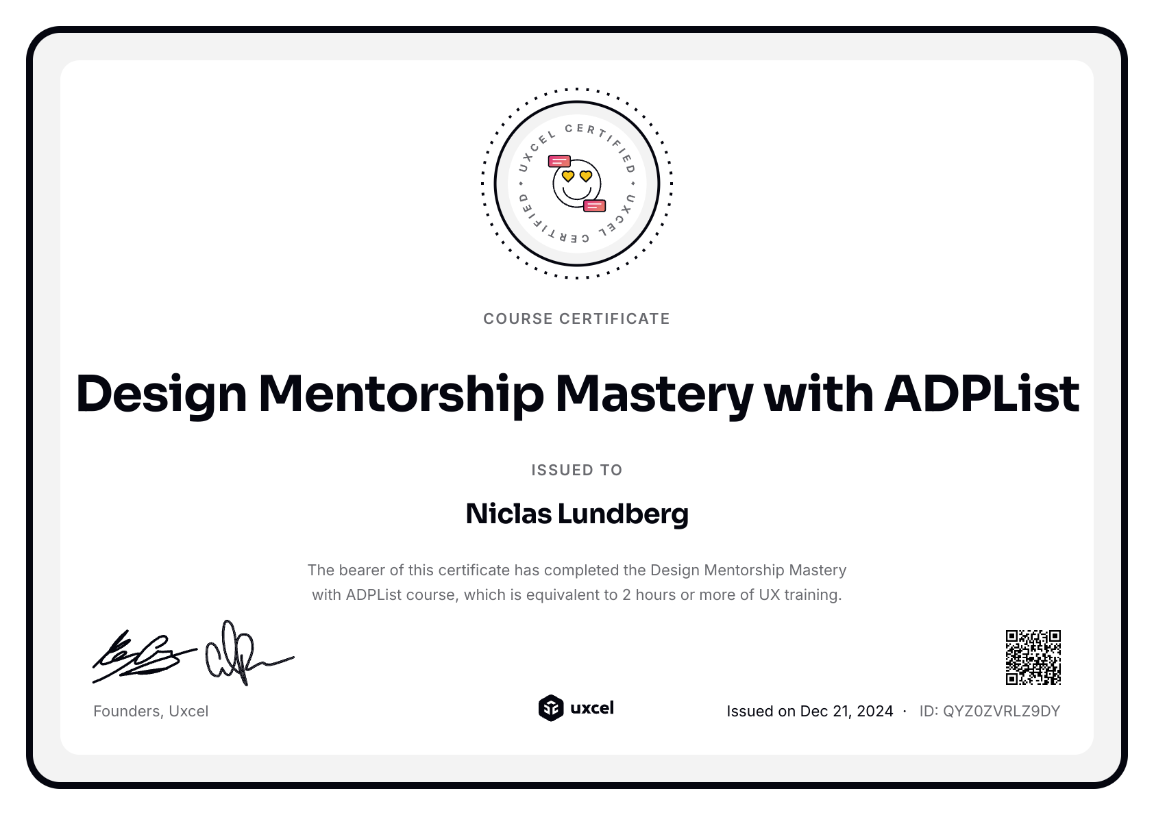 Niclas Lundberg's certificate